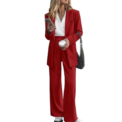 Damen-Anzug-Set in Übergröße, lässig, locker, langer Blazer, Jacken und Hosenanzüge mit weitem Bein, rot, XL Damen-Anzug-Set in Übergröße, lässig, locker, langer Blazer, Jacken und Hosenanzüge mit weitem Bein, rot, XL