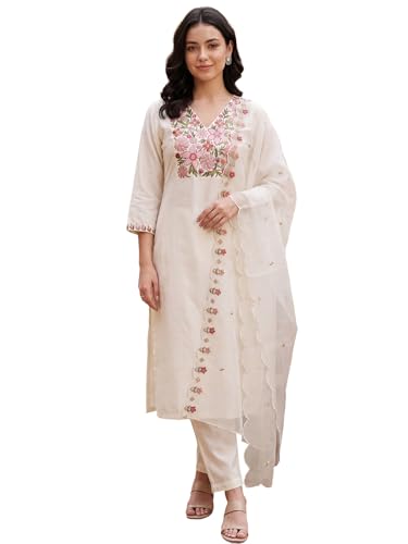 Image of INDO ERA Women's Silk Blend Paisley Embroidered Zari Work Kurta & Pant with Dupatta Set (IEBBAI389)
