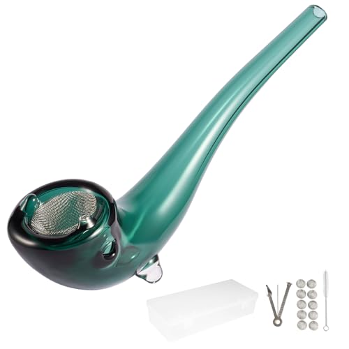 Handgefertigte Glaspfeife - langlebiges Borosilikatglas, gebogenes langes Mundstück, sicherer Filterhalter, inklusive 10 Filter, 3-in-1 Pfeifenwerkzeug, Reinigungsbürste & Aufbewahrungsbox (Grün)
