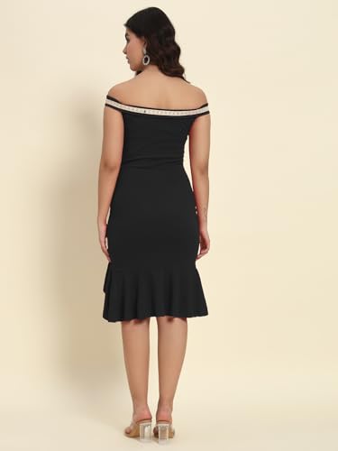 Image of ADDYVERO Women Off Shoulder Ruffle Hem Sleeveless with Lace Detailing Bodycon Party Dress (Black, XL)