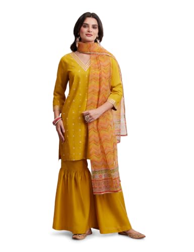 Image of Amazon Brand - Myx Women's Straight Kurta Set with Sharara Pant | Printed Dupatta | Sharara Suit Set with Dupatta (Available in Plus Sizes)