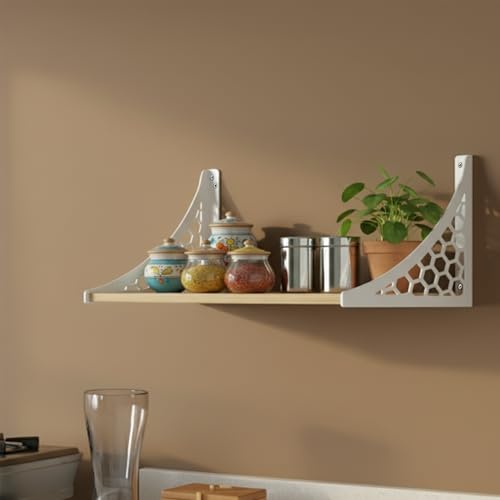 Image of Wall Shelf with Wooden Top Black|White Iron Brackets Storage Rack|Industrial Wall-Mounted Floating Shelf for Living Room,Kitchen,Bathroom (White Hexagon Large)
