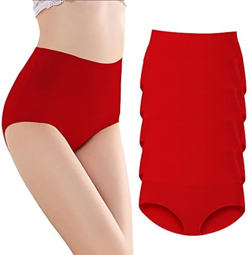 AMZCHPC Women's Briefs Cotton Underwear High Waisted Panties Soft Underpants 5Pack (M, Red)