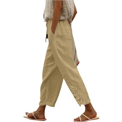 Cropped Linen Pants Women Plus Size Elastic High Waisted Wide Leg Pants Casual Summer Lace Loose Trousers with Pockets