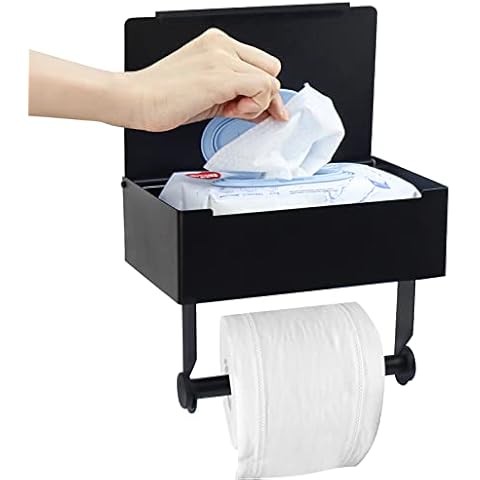 JMbeauuuty Black Toilet Roll Holder with Shelf, Toilet Paper Holder with Storage Box, Stainless Steel Toilet Roll Holder Wall Mounted Self Adhesive Waterproof for Bathroom and Kitchen Cover
