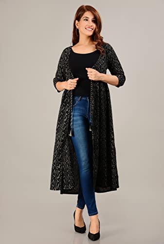 Image of COTLAND Fashions Jaipuri Cotton Abstract Printed Black Shrug /Jacket /Cape for Women (Black & White)
