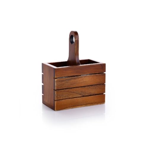 Image of Crystal Premium Handcrafted Wooden Cutlery /Spoon stand with Handle | Pure Teak Wood | Wooden Caddy with 2 sections | Multipurpose Cutlery Stand for Kitchen, Dining Table
