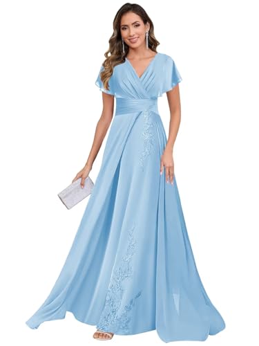 Mother of The Bride Dresses for Women Short Sleeve V Neck A Line Appliques Flowy Chiffon Long Formal Dress