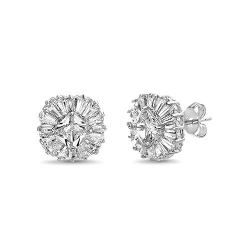 Cubic-Zirconia-Sterling-Silver-Earrings-for-Women-Princess-Cut-and-Baguette-CZ-Stones-925-Flat-Back-Stud-Earring