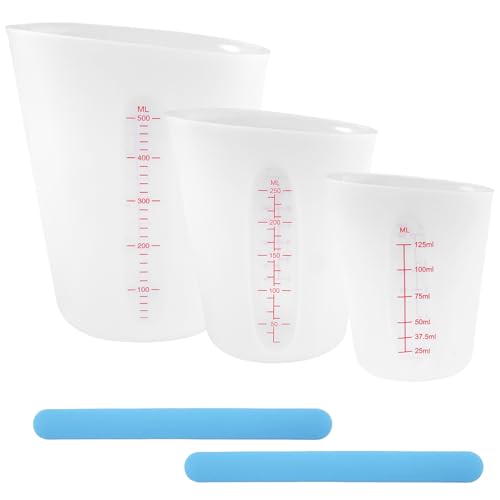 3 Stück Silikon Messbecher 500ml/250ml/125ml Epoxidharz Mischbecher mit Skala Clear, Silikonbecher zum Gießen mit Rührstäbchen für Epoxidharz Gießformen, DIY Handmade, Basteln, Labor, Küche