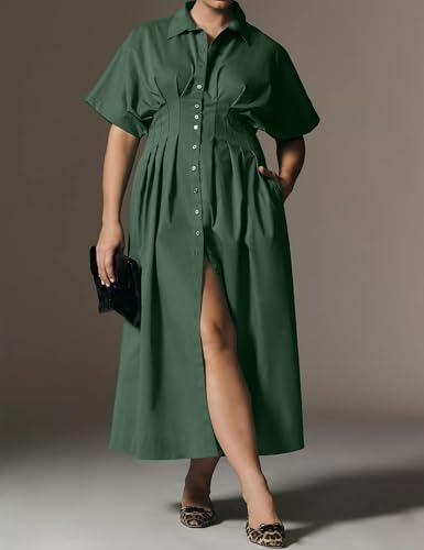 Image of Women Striped Button Front Pleated Maxi Shirt Dress Short Sleeve Collar V Neck Summer Casual Corset Long Dress Dark Green