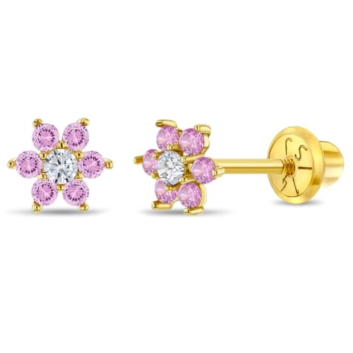14k Yellow Gold Colorful Cubic Zirconia Flower Studs - Screw Back Earrings for Toddlers & Little Girls - Casual & Sparkly Flower Earrings for Children