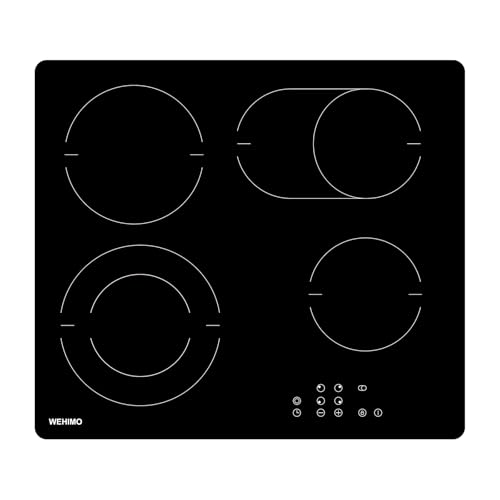 Glaskeramikkochfeld 4 platten, WEHIMO 4 Kochzonen Glaskeramikkochfeld 62cm, 7300W, 9 Heizstufen, Berührungssteuerung, Kindersicherung, Timer, Geeignet für Alle Töpfe