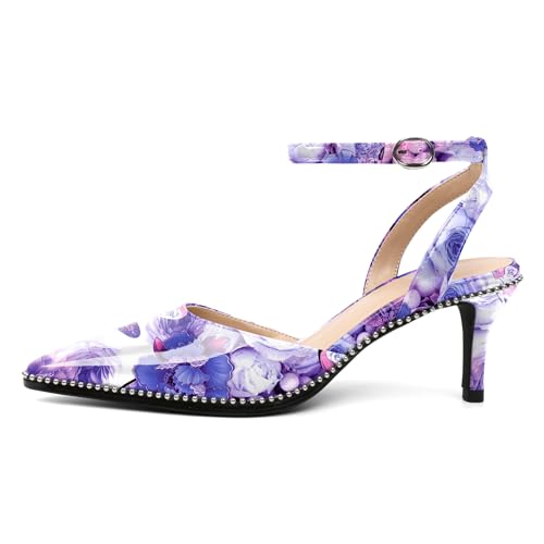 Image of SAMMITOP Kitten Heels for Women Low Heel Closed Toe Ankle Strap Pumps Wedding Party Beaded Dress Shoes 2.4 Inch