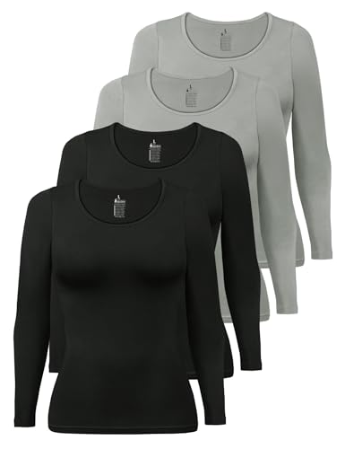 ALPIDEX Damen Langarmshirt 4er Set Basic Oberteil Einfarbig Frauen Stretch Shirt Unterhemd Untershirt Longsleeve Baumwolle Rundhals, Größe:XXL, Farbe:Storm