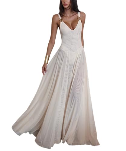 ABINGOO Womens 2026 Sexy Deep V Neck Mesh Sleeveless Maxi Dress A-Line Flowy Elegant Cocktail Party Long Dresses(White L)