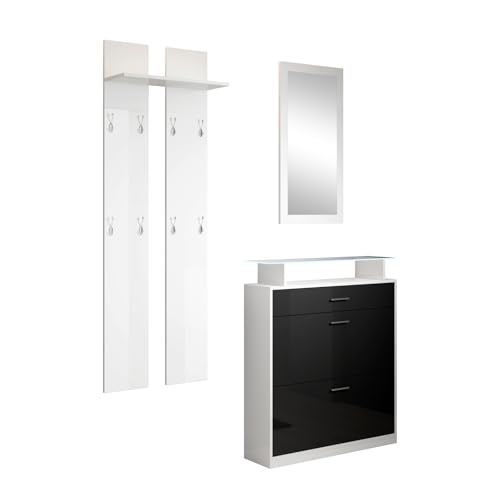 MB Muebles Bonitos | Conjunto Recibidor Paola Set con Zapatero | Espejo | Perchero | Luz LED | Diseño Moderno | Melamina Brillo | Color Blanco y Negro