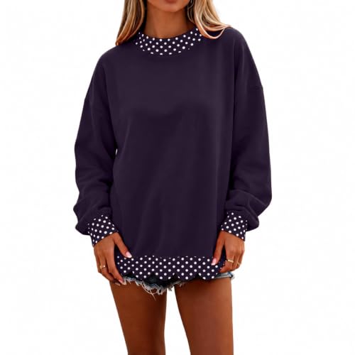 Mock Neck Sweatshirt Women Patchwork Scalloped Edge Polka Dot Pullover - image 1
