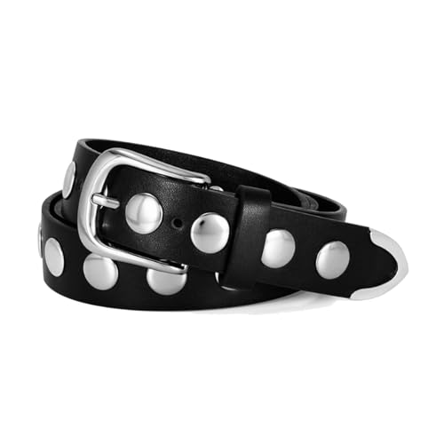 Long Keeper Women Leather Belt Vintage Punk Studded Belts for Pants Jeans Dresses Fashion Goth Ladies Vegan Leather Belt