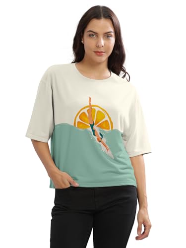 Image of HELLCAT Beige Printed Loose Fit Crew-Neck Crop T-Shirt for Women