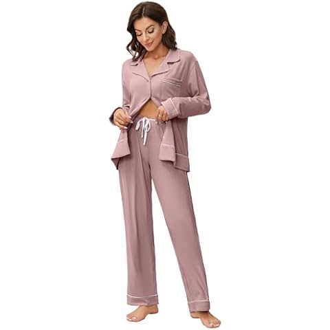 HEARTNICE Women Soft Pajama Sets, Long Sleeve knit Sleepwear Button Up 2-Piece Pjs Lounge Sets (Dark Pink,L) Cover