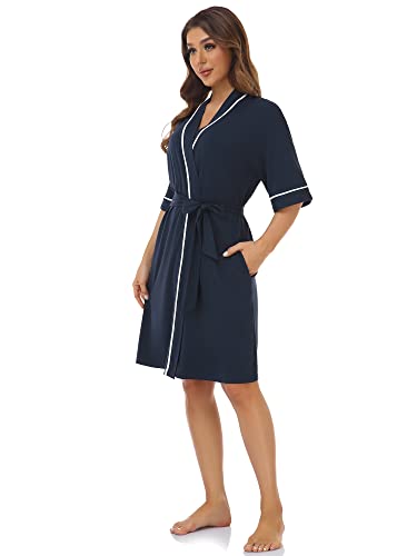 Image of COLORFULLEAF Womens Bamboo Short Robes Lightweight Kimono Cotton Robe Soft Knit Bathrobe Ladies Loungewear with Pockets