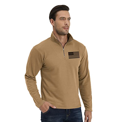 H Hyfol Men's Usa Flag Graphic Pocket Pullover American Patriotic 1/4 Zip Stand Collar Long Sleeve Sweatshirts(Khaki,3Xl) #TOP1