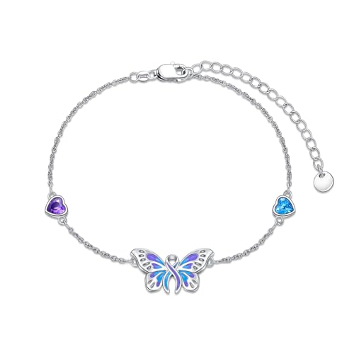 YAFEINI Suicide Awareness Bracelets Sterling Silver Suicide Prevention Awareness Ribbon Bracelet Butterfly Jewelry for Women