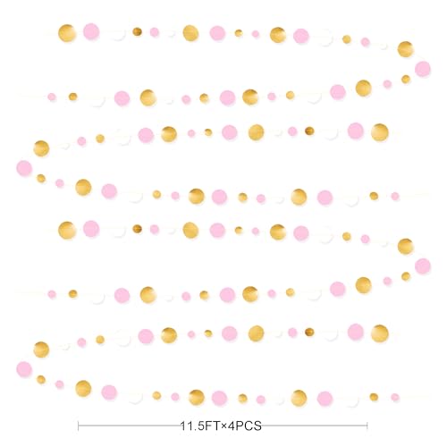 Gold and Pink Party Decorations Circle Dots Garland Metallic Gold Light Pink and White Hanging Polka Dot Streamer for Women Girl Birthday Baby Shower Bridal Shower Wedding Princess Party Supplies