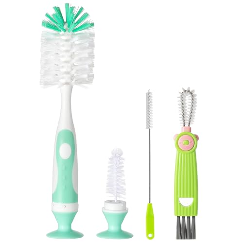 Image of Ariseno 4-in-1 Baby Bottle Brush Set, Bottle Brush Cleaner, Bottle Cleaner Brush Set, Including Nylon Bottle Brush, Bottle Cap Brush, Straw Brush, Nipple Brush, BPA-Free (Green)
