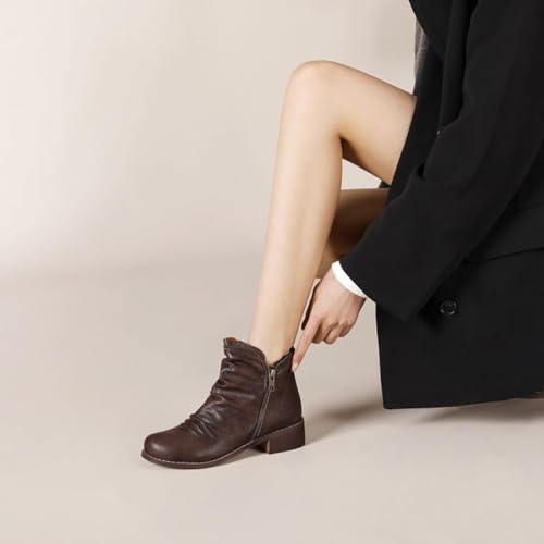Alyaafifa Comfortable Low Block Heel Ankle Booties for Women Closed Round Toe Slouch Short Boots Leather Winter Casual Dress Shoes with Zipper3