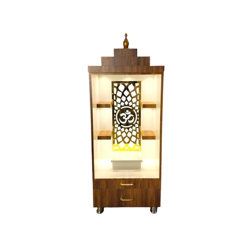 Image of Wooden Mandir, Designer Mandir for Home, Office, Golden Jali, White Colour, 18 mm Board (Brown)