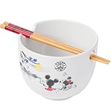 Silver Buffalo Disney Mickey and Minnie Watercolor Watching the Sunset Ceramic Ramen Noodle Rice Bowl with Chopsticks, Microwave Safe, 20 Ounces
