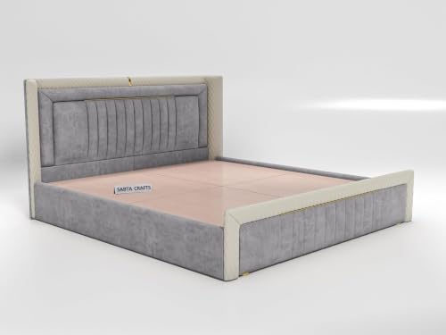 Image of Modern Upholstered King Size Bed with Box Storage for Bedroom | Wooden Double Bed with Storage | Platform Cot Bed with Upholstery Premium Fabric | 6.5 x 6 Ft | Sheesham Wood, Battleship Gray
