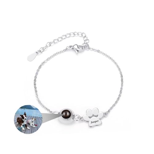 Custom Name Bracelet with Picture inside, Personalized Dog Paw Projection Bracelets with Names, Picture Bracelet Personalized Photo, Pet Dog Cat Memorial Gifts for Women