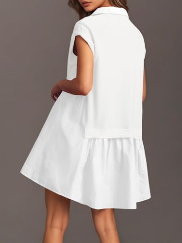 Fisoew Womens Summer Sweatshirt Dresses Short Sleeve V Neck Casual Oversized Patchwork Mini Dress White — view 3