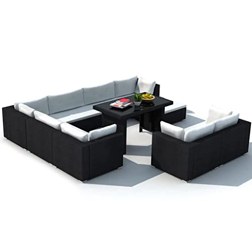 Image of DEVOKO Outdoor 6 PCS L Shape Rattan Sofa Set,Table and Ottoman with Cushions, Deck Furniture Dining Table Set, Garden, Porch, Backyard (Balck & White)