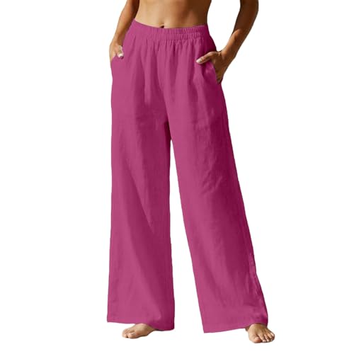 Pantalon fluide femme été en coton et lin taille haute élastique coupe droite ample