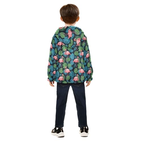 Flamingos Tropical Green Blue Leaves Kids Fleece Zip up Jacket, Comfy Light Sweatshirt Jacket 3T4