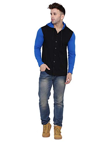 Image of Geum Men's Full Sleeve Hooded T-Shirt with Button-Down Front | Casual Slim Fit Cotton Shirt-Style Tee