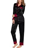SWOMOG Womens Silk Satin Pajamas Set Long Sleeve Sleepwear Two Pieces Loungewear Set Button-Down Contrast Pjs Set Black Medium