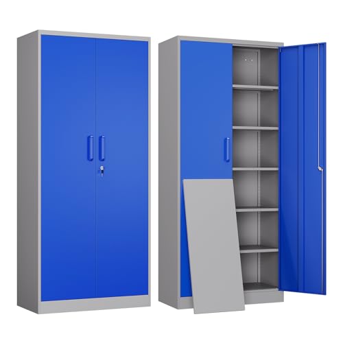Image of Yizosh Metal Garage Storage Cabinet with 2 Doors and 5 Adjustable Shelves - 71 inch Steel Lockable File Cabinet,Locking Tool Cabinets for Office,Home,Garage,Gym,School (Gray Blue)