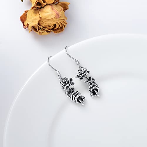 Seiyang Skeleton Hand Earrings Sterling Silver Skeleton Bone Rose Dangle Earrings Skull Hand Earrings Bone Necklace Halloween Jewelry Gift For Party Women Men #TOP3
