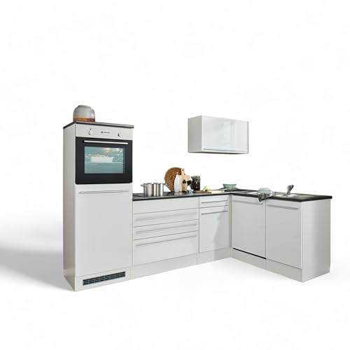 Jazz 6 Cucina angolare moderna senza elettrodomestici in bianco lucido, grigio metallizzato, ampio angolo cottura a forma di L con ampio spazio di archiviazione, 260 x 200 x 60 cm (larghezza x altezza