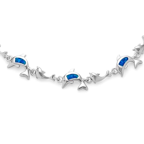 Gemstone Created Blue Opal Inlay Nautical Ocean Marine Hawaiian Vacation Sea Life Mother Dolphins Stud Earrings Bracelet Dangle Pendant Necklace For Women Teen .925 Sterling Silver2