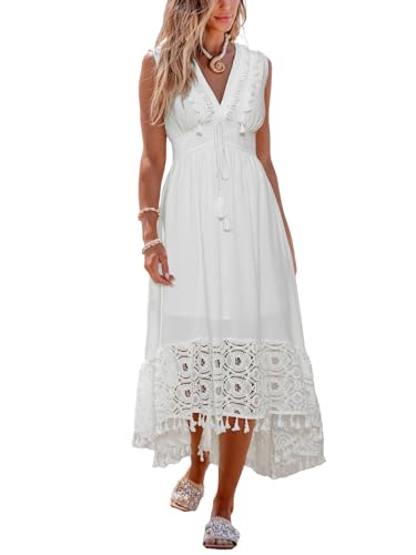 Image of CUPSHE Women's Maxi Dress V Neck Sleeveless Lace Tassel Smocked Waist Cover Up Beach Formal Long Dress