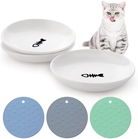 Dorakitten Ceramic Cat Food Plates: Cat Wet Food Bowls Cat Feeding Wide Bowls to Stress Relief of Whisker Fatigue Cat Dishes, Shallow Bowls for Kittens and Small Animals with Non-Slip Mat