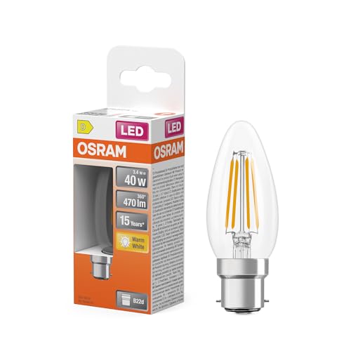 OSRAM Lampada LED Star candela a filamento B40, 2700 K bianco caldo, 3,4 W, B22d, trasparente, 470 lm, 15.000 ore, per lampadari, apparecchi decorativi