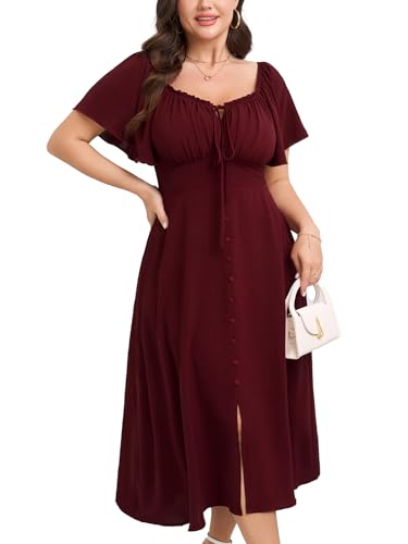 Image of Womens Plus Size Dress Square Neck Smocked Button Down Tie Front Split A-Line Maxi Long Dresses
