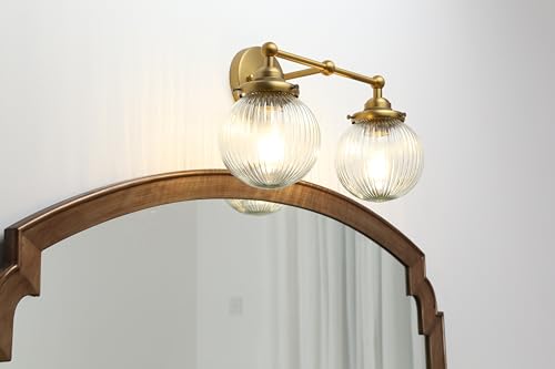Image of Yosoan 2-Light Indoor Boho Vanity Wall Sconce with Striped Round Glass, Brass Gold Modern Hardwired Vintage Industrial Wall Mount Farmhouse Retro Ribbed Shade for Bathroom Kitchen Bedroom(Antique)